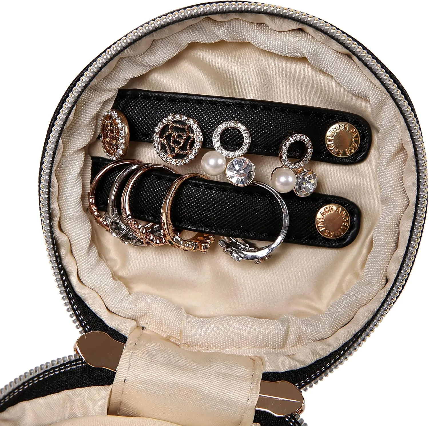 Angelina's Palace Round Jewelry Organizer Case Travel Bag Bridesmaid Gifts Vegan Leather Box for Necklace Earring Bracelet Ring(Black)