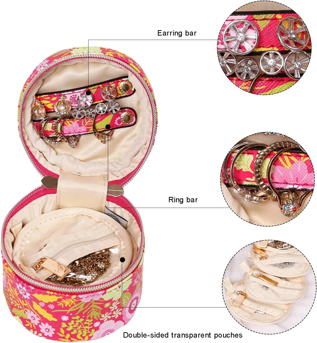 Angelina's Palace Round Jewelry Organizer Case Travel Bag Bridesmaid Gifts Vegan Leather Box for Necklace Earring Bracelet Ring(blossom fuschia)