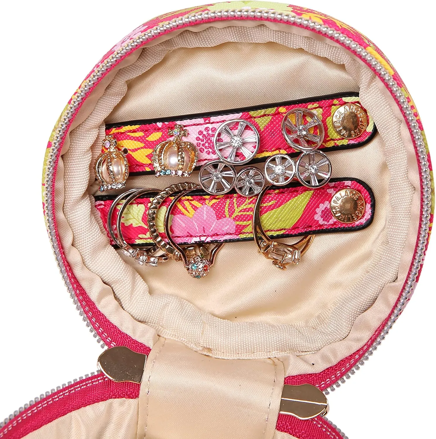 Angelina's Palace Round Jewelry Organizer Case Travel Bag Bridesmaid Gifts Vegan Leather Box for Necklace Earring Bracelet Ring(blossom fuschia)