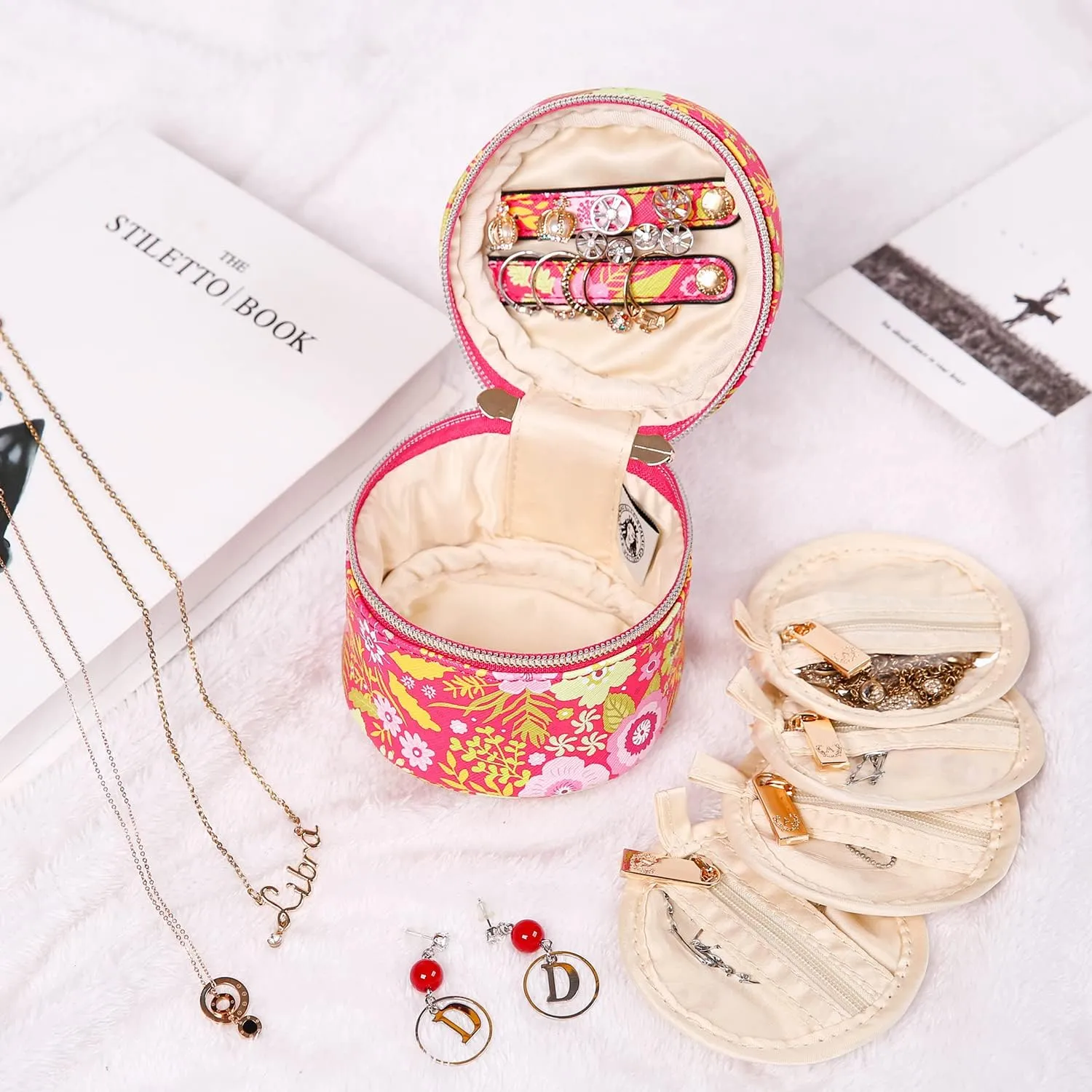 Angelina's Palace Round Jewelry Organizer Case Travel Bag Bridesmaid Gifts Vegan Leather Box for Necklace Earring Bracelet Ring(blossom fuschia)