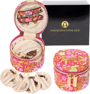 Angelina's Palace Round Jewelry Organizer Case Travel Bag Bridesmaid Gifts Vegan Leather Box for Necklace Earring Bracelet Ring(blossom fuschia)