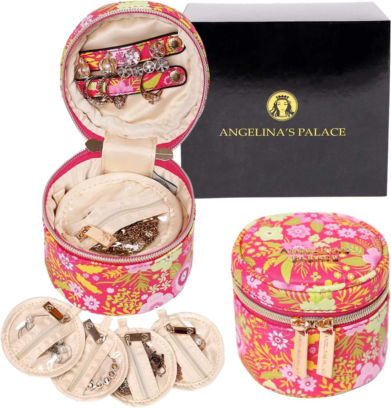 Angelina's Palace Round Jewelry Organizer Case Travel Bag Bridesmaid Gifts Vegan Leather Box for Necklace Earring Bracelet Ring(blossom fuschia)
