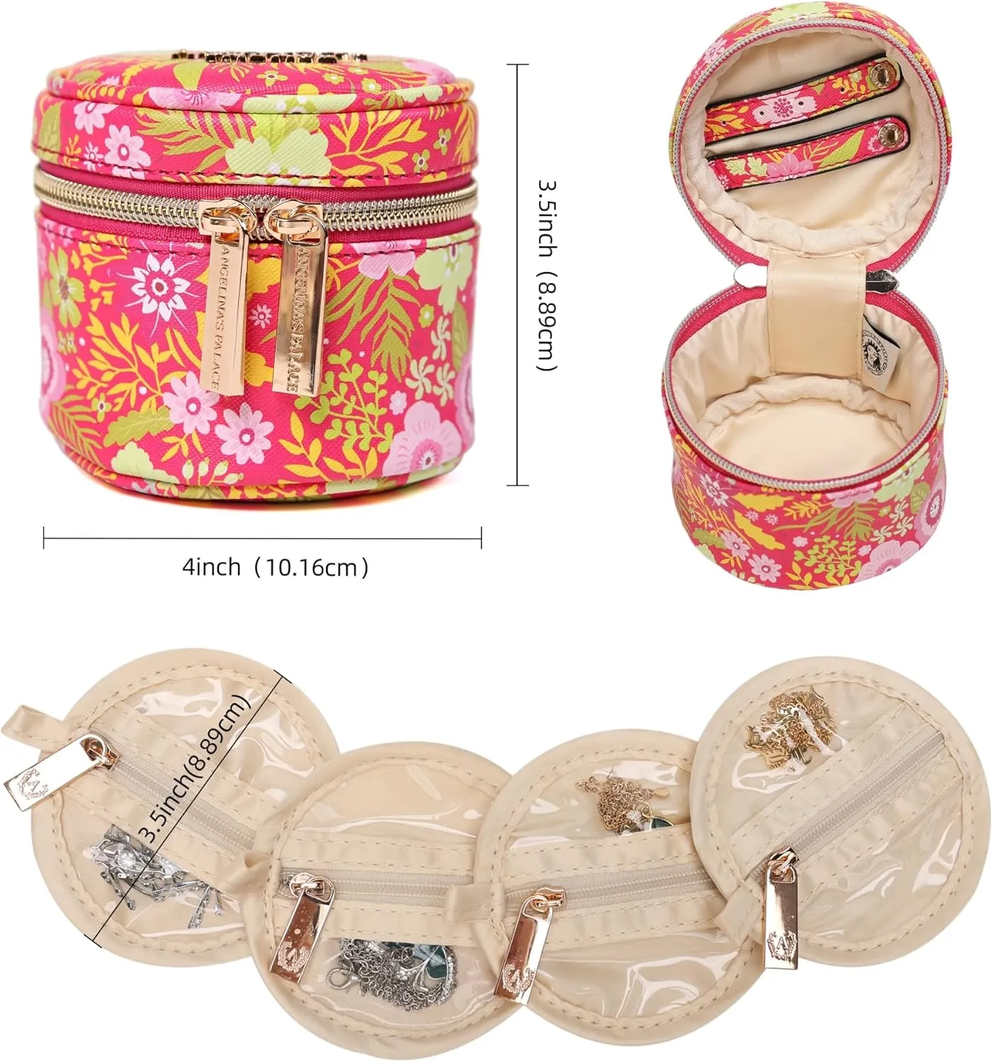 Angelina's Palace Round Jewelry Organizer Case Travel Bag Bridesmaid Gifts Vegan Leather Box for Necklace Earring Bracelet Ring(blossom fuschia)
