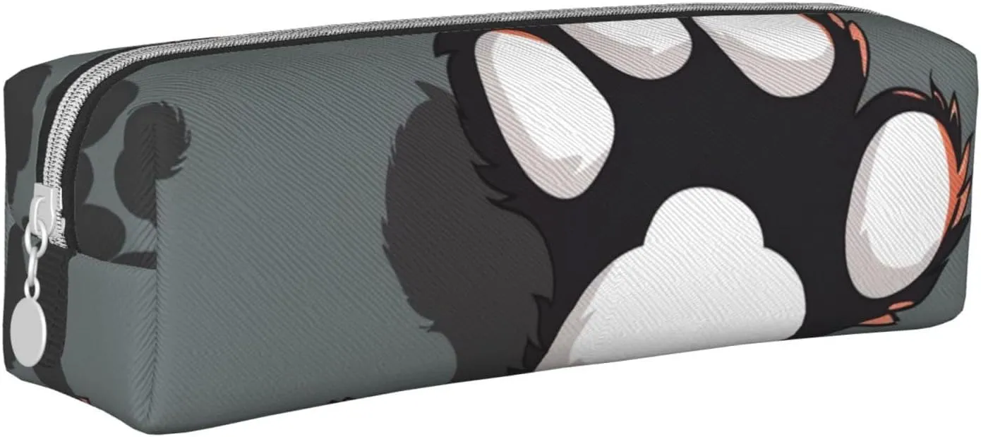 Animal Footprints Printed Pencil Case - Leather Stationery Bag Pen Pouch Holder with Zipper for School Travel Office, White, One Size, Make-Up Pouch