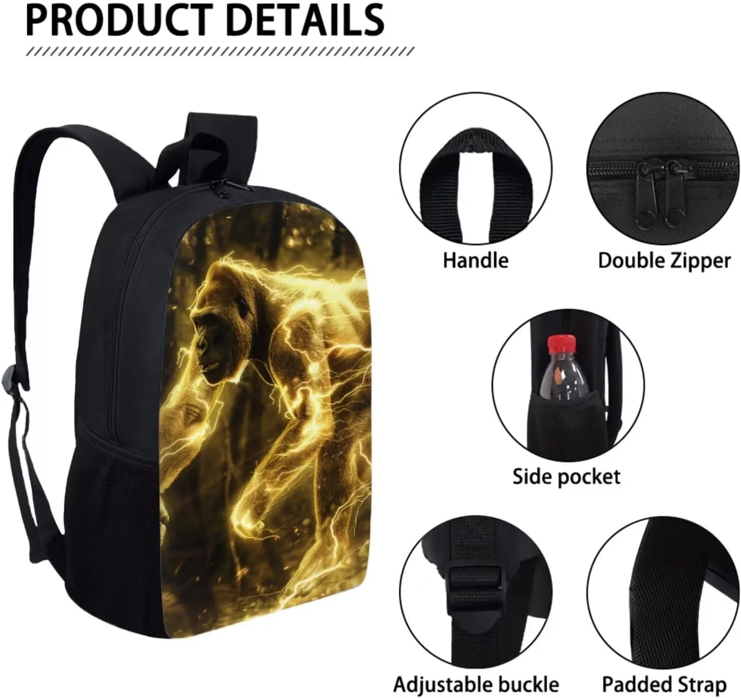 Animal Print Backpack with Lunch Box Pencil Case Cool Gorilla Backpack for Boys Girls Large Capacity Lightweight Yellow 17 Inch School Bag Set for Kids