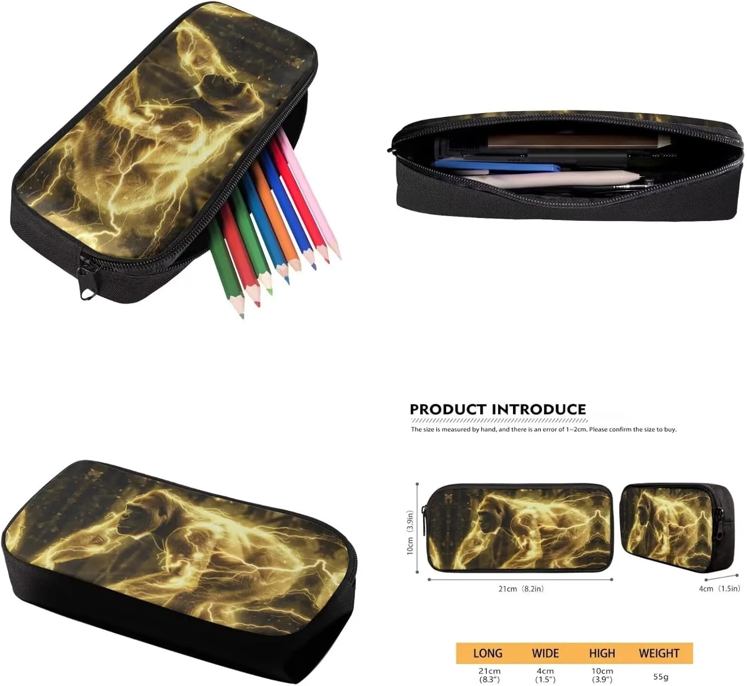 Animal Print Backpack with Lunch Box Pencil Case Cool Gorilla Backpack for Boys Girls Large Capacity Lightweight Yellow 17 Inch School Bag Set for Kids