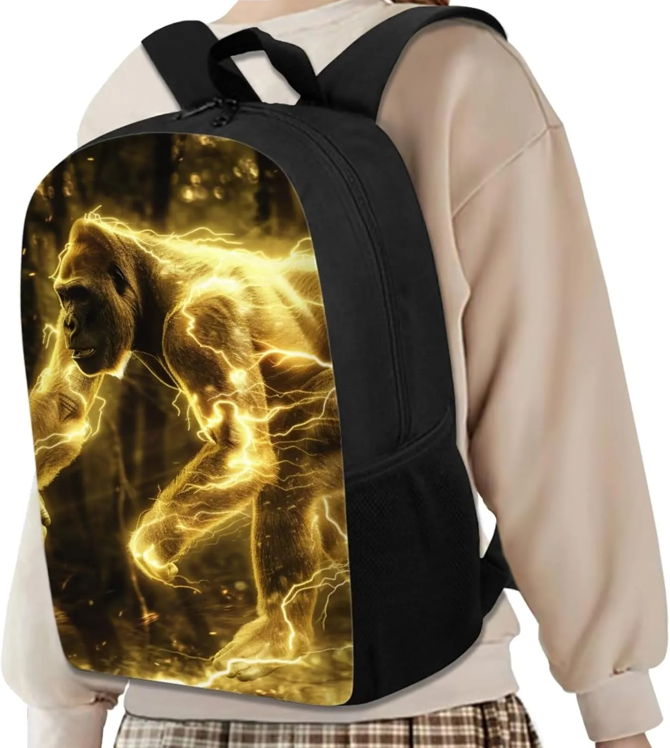 Animal Print Backpack with Lunch Box Pencil Case Cool Gorilla Backpack for Boys Girls Large Capacity Lightweight Yellow 17 Inch School Bag Set for Kids