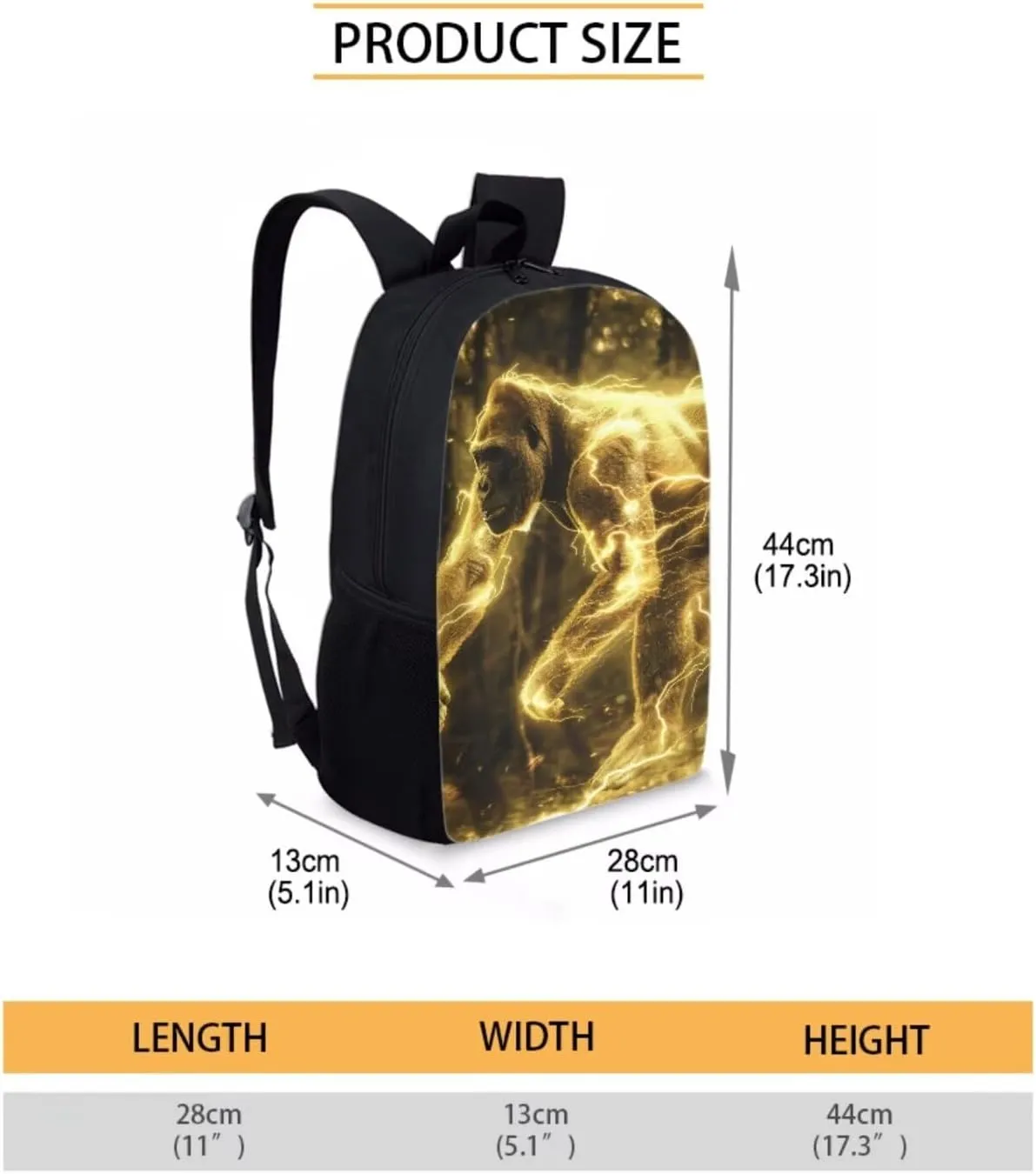 Animal Print Backpack with Lunch Box Pencil Case Cool Gorilla Backpack for Boys Girls Large Capacity Lightweight Yellow 17 Inch School Bag Set for Kids