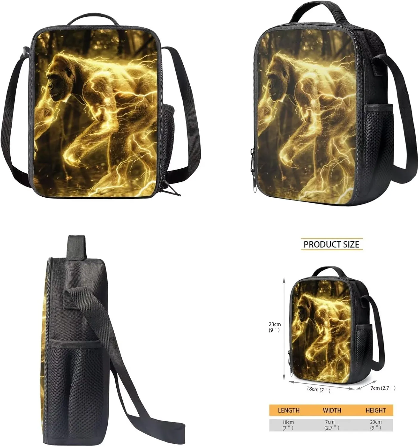 Animal Print Backpack with Lunch Box Pencil Case Cool Gorilla Backpack for Boys Girls Large Capacity Lightweight Yellow 17 Inch School Bag Set for Kids
