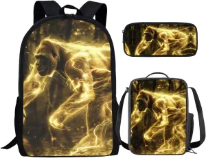 Animal Print Backpack with Lunch Box Pencil Case Cool Gorilla Backpack for Boys Girls Large Capacity Lightweight Yellow 17 Inch School Bag Set for Kids