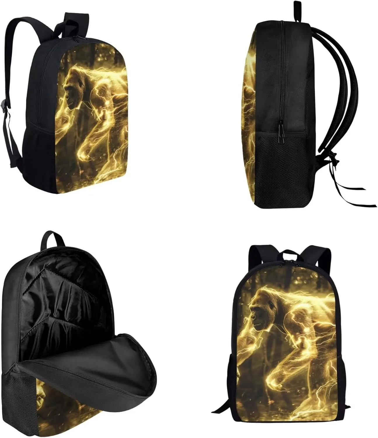 Animal Print Backpack with Lunch Box Pencil Case Cool Gorilla Backpack for Boys Girls Large Capacity Lightweight Yellow 17 Inch School Bag Set for Kids