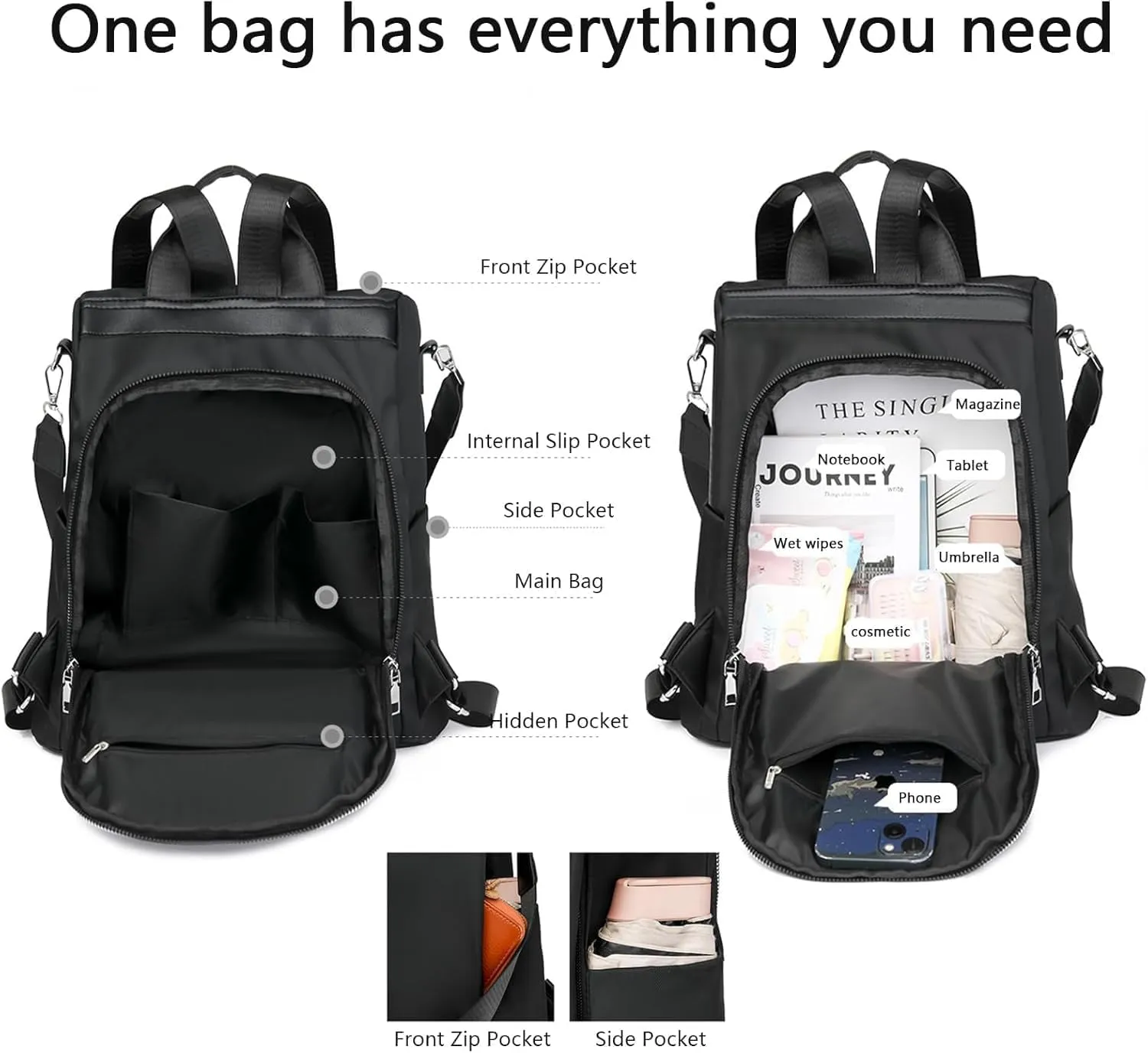 Anti-Theft Large Capacity Backpack, Leisure Shoulder Bag for Women, Shoulder Bag for Women Multi Purpose (Flash Black)