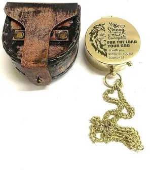 Antique Brass Compass 2 Inch Engraved Pocket Compass with Chain & Leather Case for Hiking Travelling Camping Navigation Tool & Inspiration Gift
