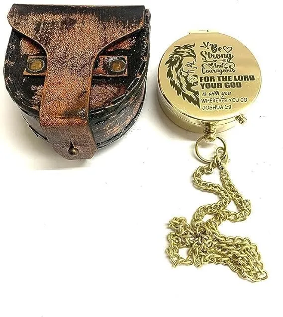 Antique Brass Compass 2 Inch Engraved Pocket Compass with Chain & Leather Case for Hiking Travelling Camping Navigation Tool & Inspiration Gift