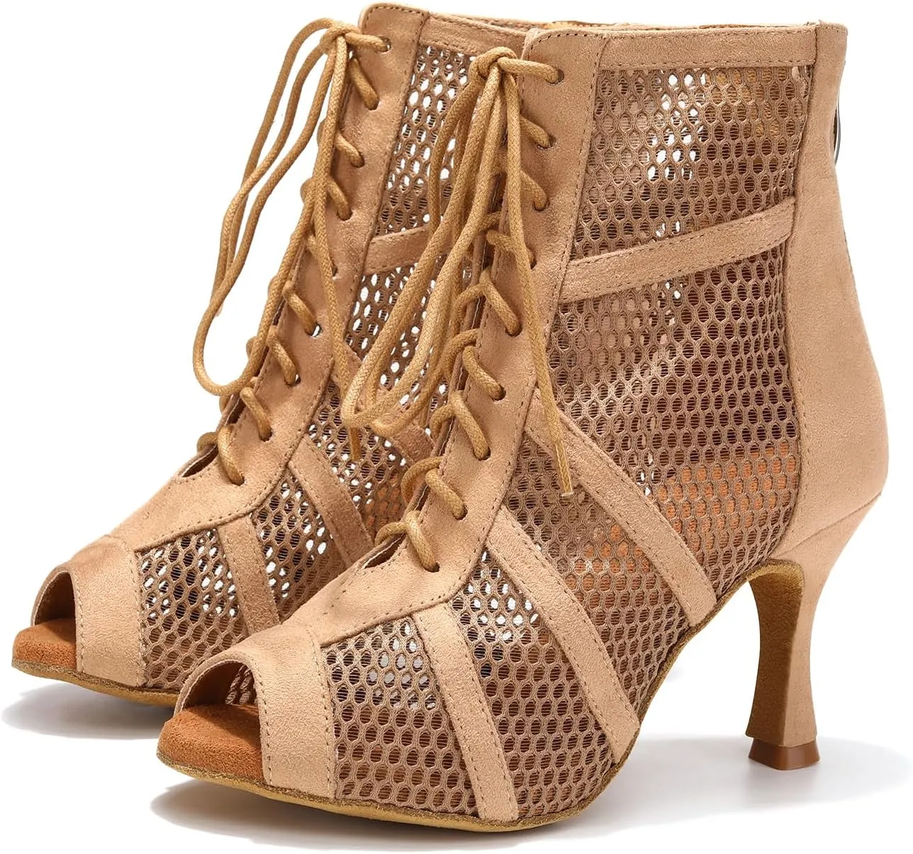 AOQUNFS Dance Heels for Women Mesh Ballroom Dance Booties Lace Up Dance Ankle Boots with Zipper