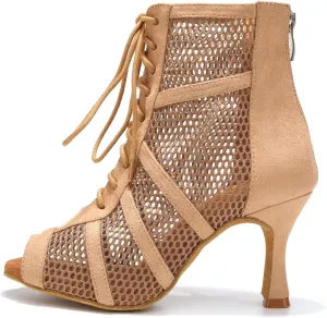 AOQUNFS Dance Heels for Women Mesh Ballroom Dance Booties Lace Up Dance Ankle Boots with Zipper