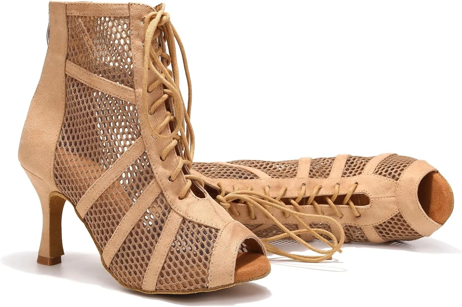 AOQUNFS Dance Heels for Women Mesh Ballroom Dance Booties Lace Up Dance Ankle Boots with Zipper