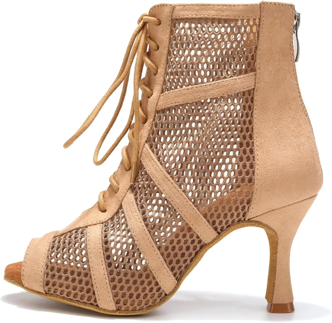 AOQUNFS Dance Heels for Women Mesh Ballroom Dance Booties Lace Up Dance Ankle Boots with Zipper