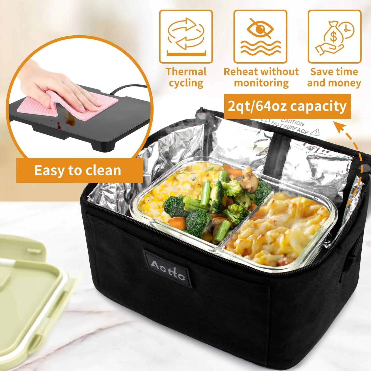 Aotto Portable Oven Electric Lunch Box Food Heater - 12V/24V 2-in-1 Car Food Warmer, Heated Lunch Box for Adults, Cook, Reheat, and Keep Meals Warm for Car, Truck, Travel - Black