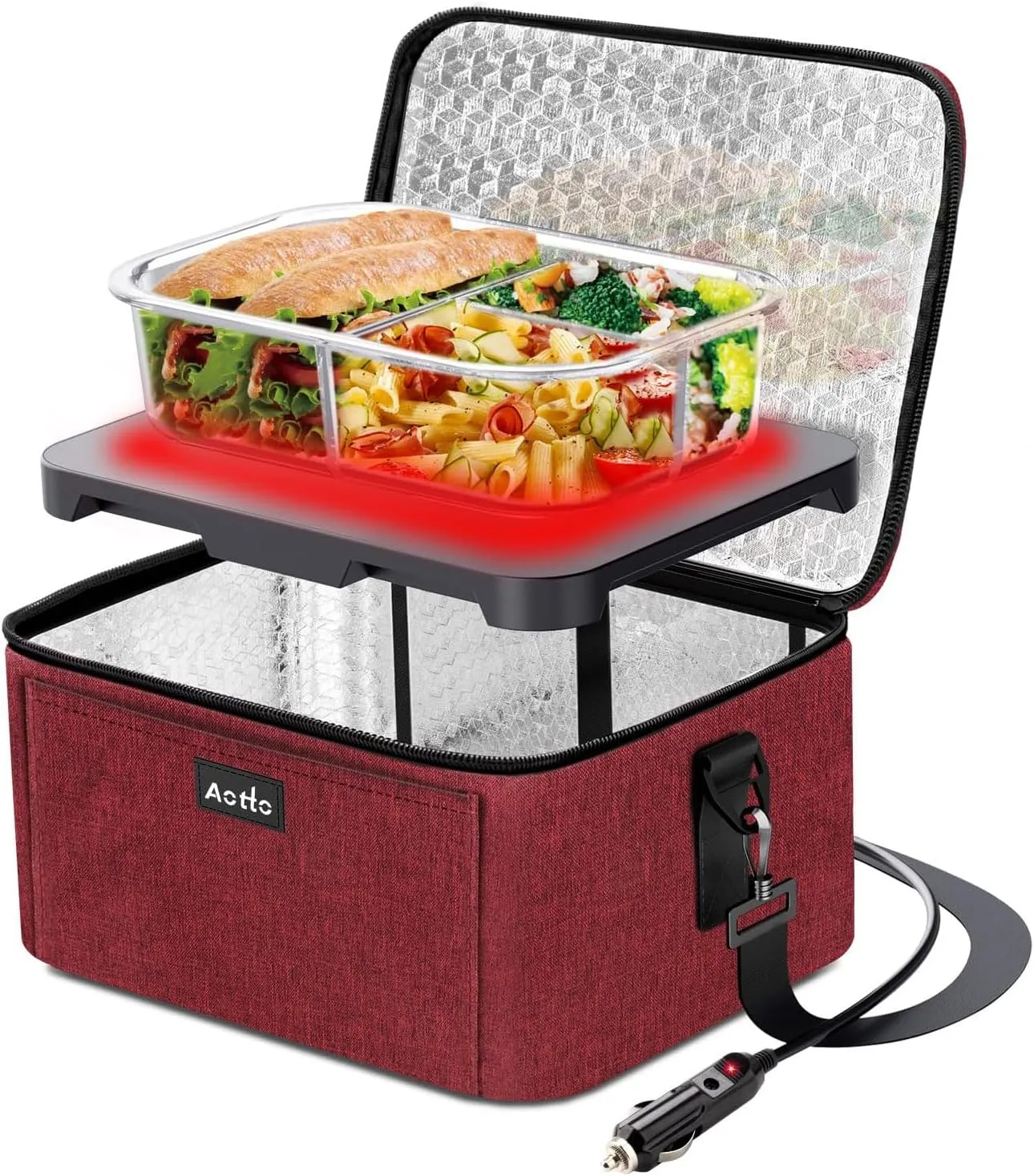 Aotto Portable Oven Electric Lunch Box Food Heater - 12V/24V 2-in-1 Car Food Warmer, Heated Lunch Box for Adults, Cook, Reheat, and Keep Meals Warm for Car, Truck, Travel - Red