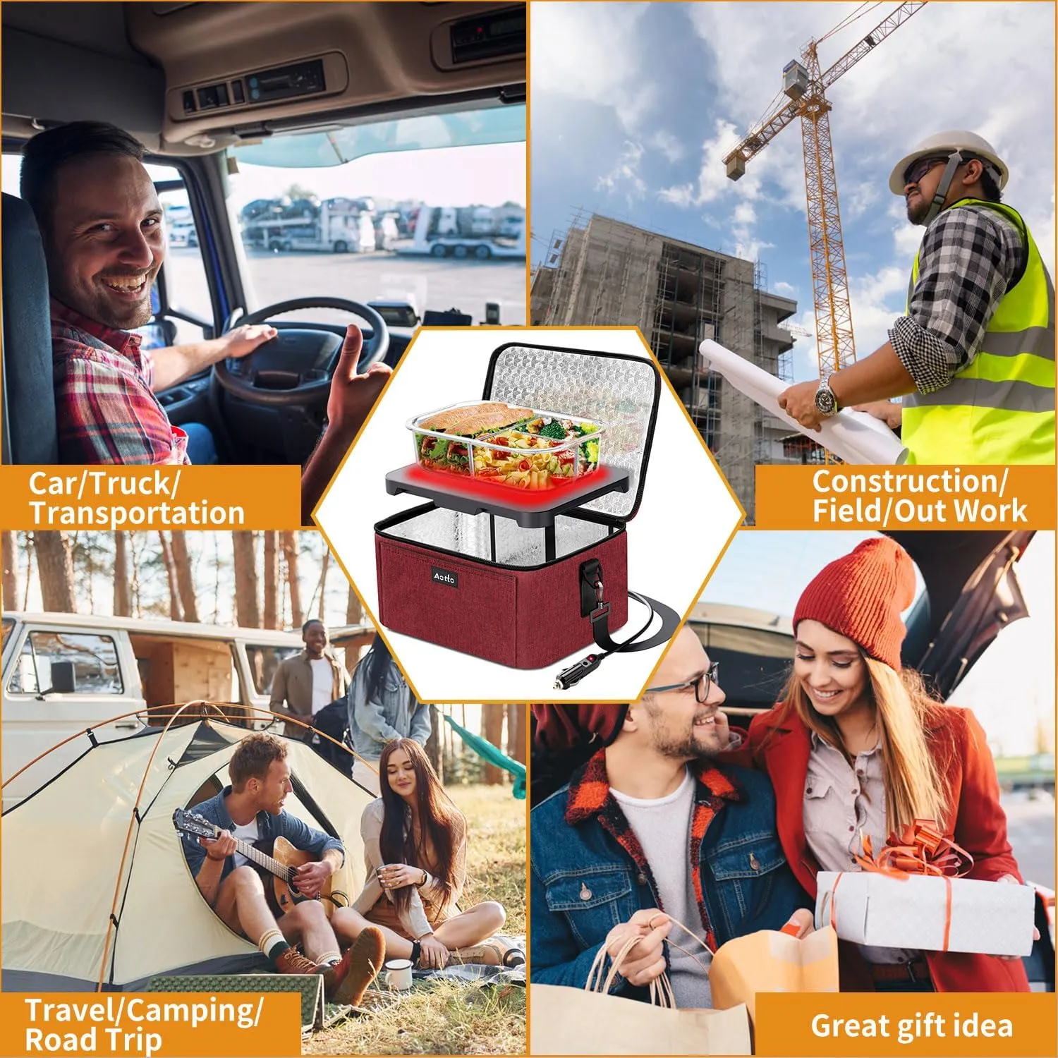 Aotto Portable Oven Electric Lunch Box Food Heater - 12V/24V 2-in-1 Car Food Warmer, Heated Lunch Box for Adults, Cook, Reheat, and Keep Meals Warm for Car, Truck, Travel - Red