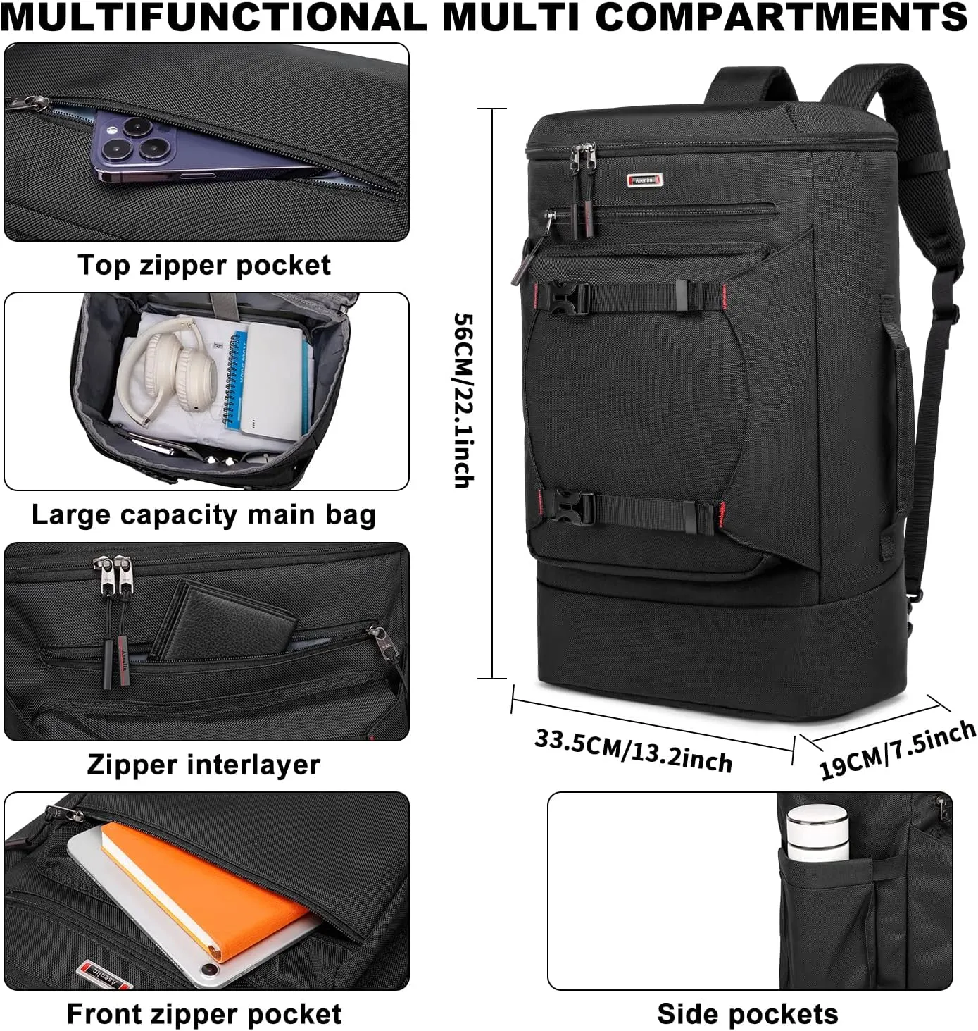 Asenlin Travel Backpack for Women Men，40L Extra Large Hiking Backpack，18 Inch Carry on Backpack Water Resistant for Casual Daypack Gym Backpack-Black