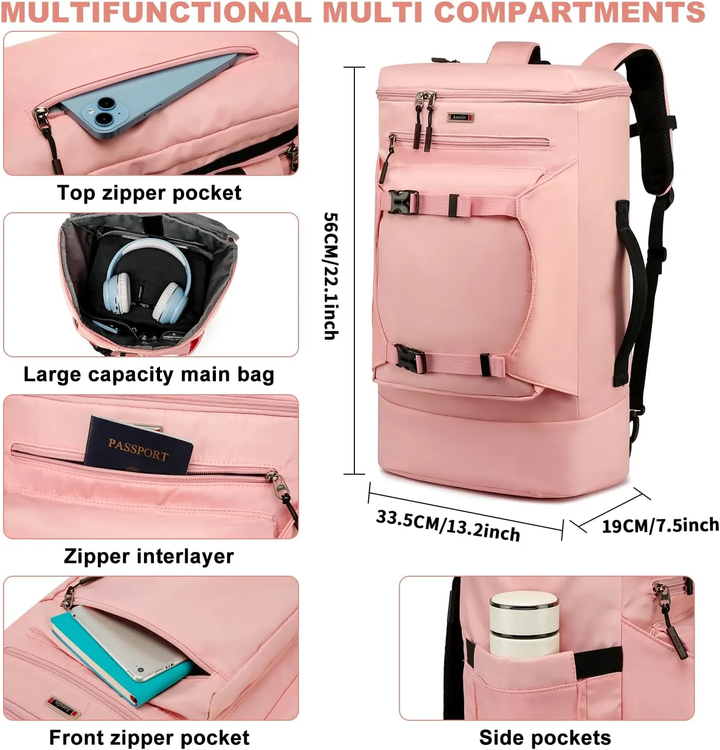 Asenlin Travel Backpack for Women Men，40L Extra Large Hiking Backpack，18 Inch Carry on Backpack Water Resistant for Casual Daypack Gym Backpack-PalePink