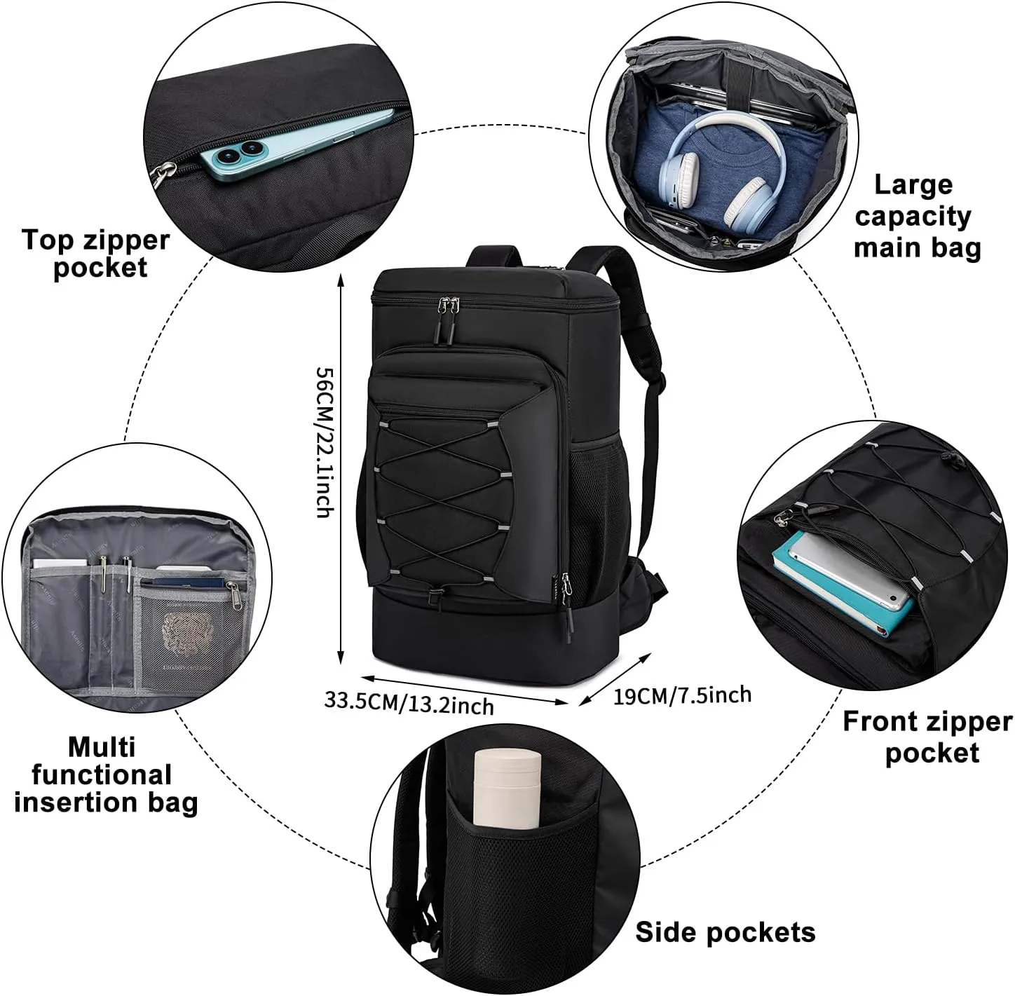 Asenlin Travel Backpack for Women Men，40L Large Hiking Backpack，18 Inch Carry on Backpack Water Resistant for Casual Daypack Gym Backpack-Black