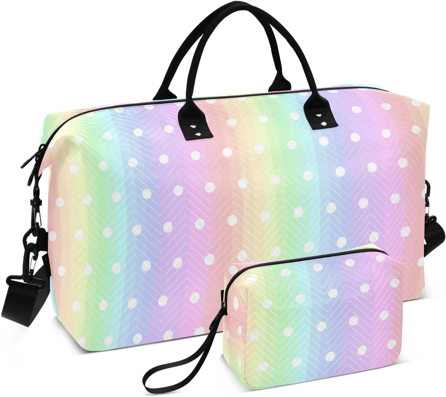Aslsiy Travel Duffel Bags for Women Pastel Rainbow Strip Sports Duffel Bags Polka Dot Weekender Bags Gym Bag with Toiletry Bag Carry on Overnight Bag