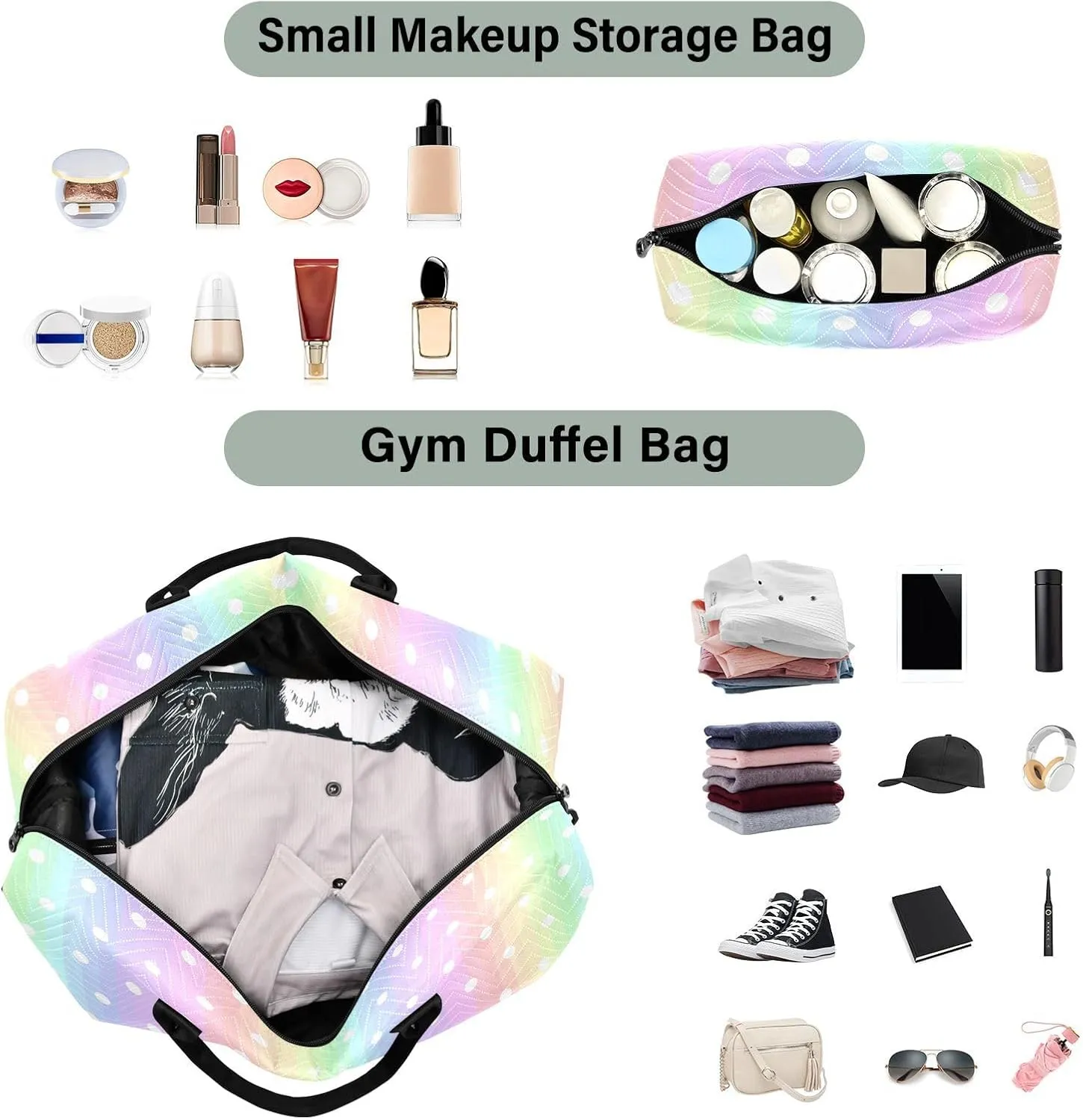 Aslsiy Travel Duffel Bags for Women Pastel Rainbow Strip Sports Duffel Bags Polka Dot Weekender Bags Gym Bag with Toiletry Bag Carry on Overnight Bag