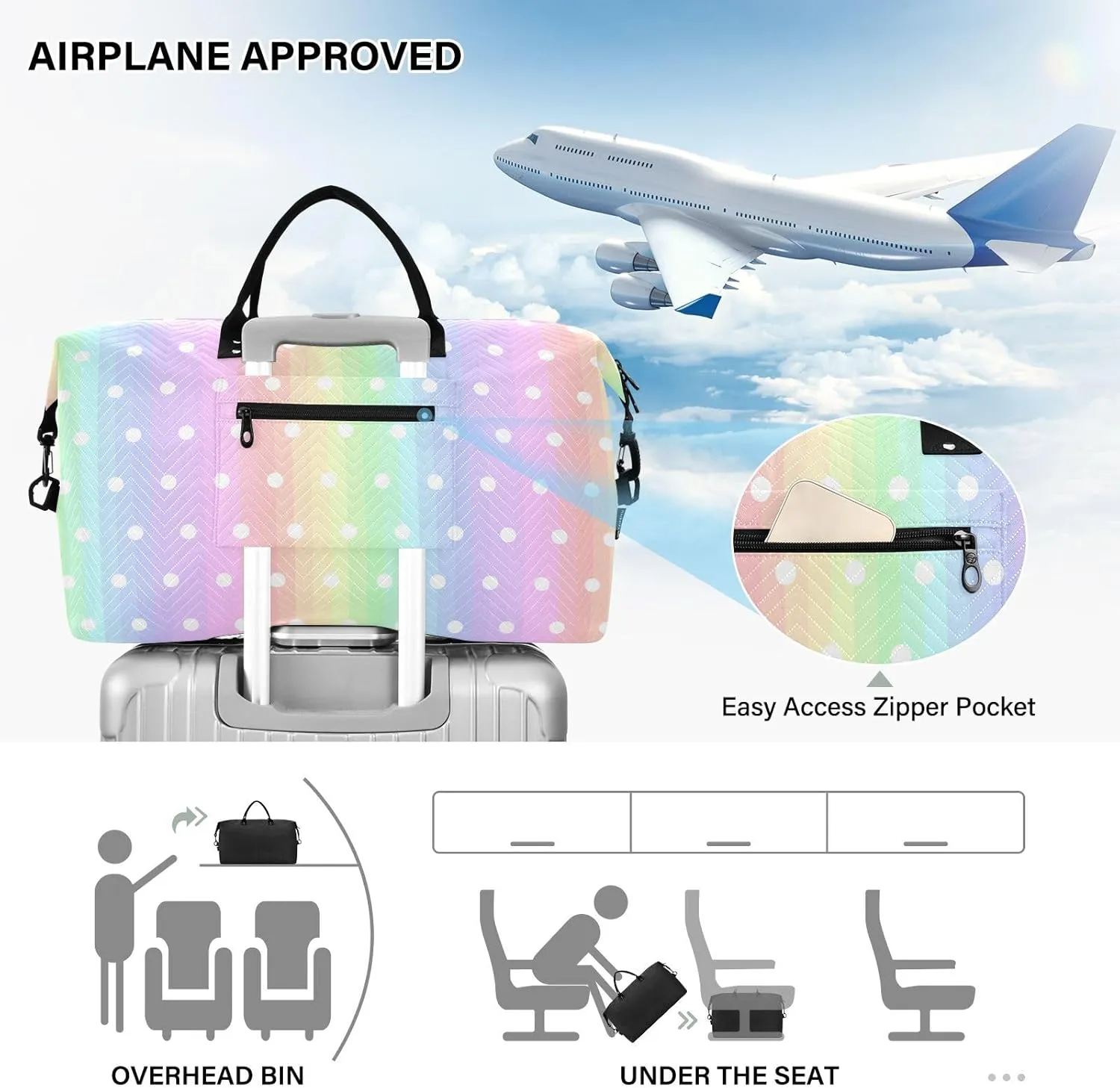 Aslsiy Travel Duffel Bags for Women Pastel Rainbow Strip Sports Duffel Bags Polka Dot Weekender Bags Gym Bag with Toiletry Bag Carry on Overnight Bag