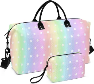 Aslsiy Travel Duffel Bags for Women Pastel Rainbow Strip Sports Duffel Bags Polka Dot Weekender Bags Gym Bag with Toiletry Bag Carry on Overnight Bag
