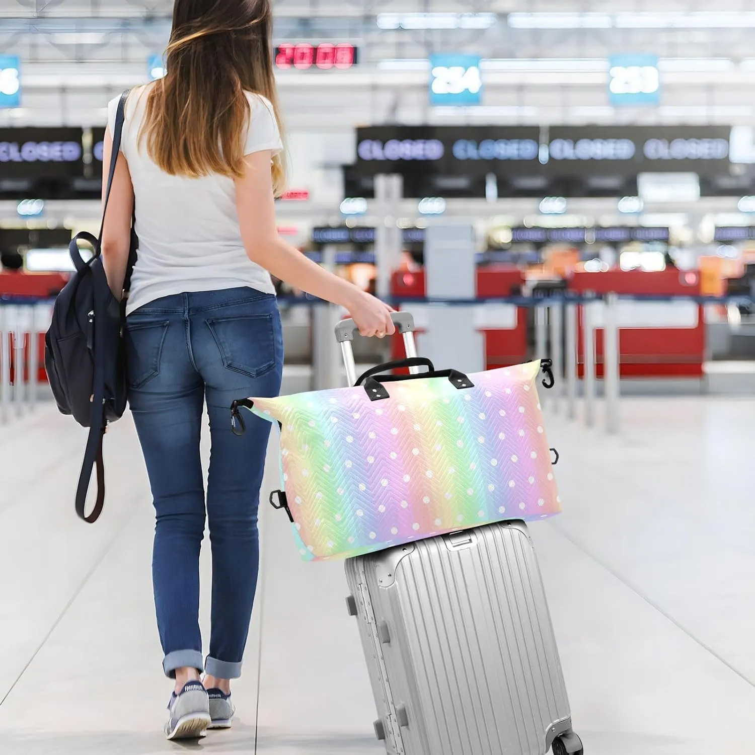 Aslsiy Travel Duffel Bags for Women Pastel Rainbow Strip Sports Duffel Bags Polka Dot Weekender Bags Gym Bag with Toiletry Bag Carry on Overnight Bag