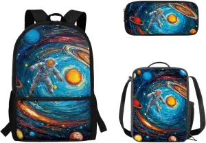 Astronaut 3 Pcs Backpack Set with 17 Inch Student School Bag/Lunch Bag/Pencil Bag Kids Bookbag Elementary School Backpack Rucksack Casual Daypack for Girls Boys