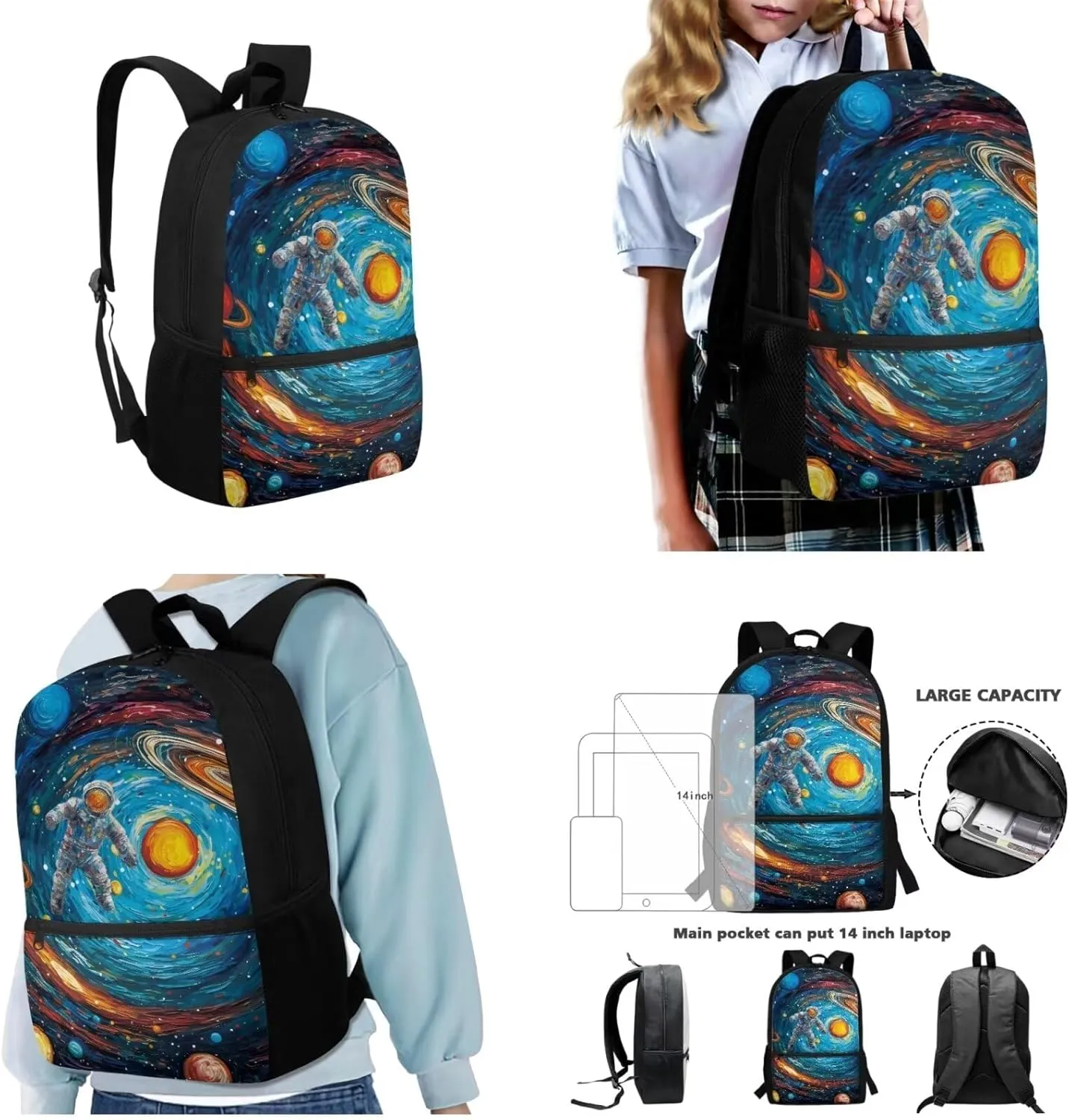 Astronaut 3 Pcs Backpack Set with 17 Inch Student School Bag/Lunch Bag/Pencil Bag Kids Bookbag Elementary School Backpack Rucksack Casual Daypack for Girls Boys