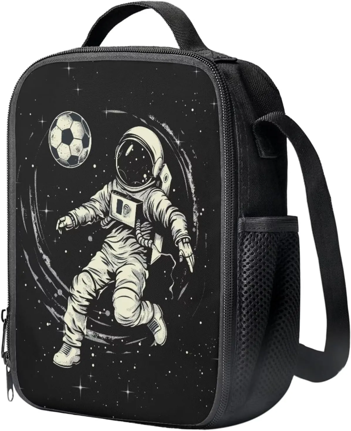Astronaut Playing Soccer Backpack 4 in 1 Set for Teens Outer Space School Backpack Set with Lunch Bag Pencil Case Water Bottle Holder Trendy Schoolbag for Kindergarten Elementary School