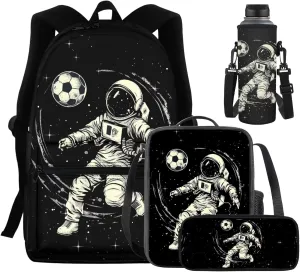 Astronaut Playing Soccer Backpack 4 in 1 Set for Teens Outer Space School Backpack Set with Lunch Bag Pencil Case Water Bottle Holder Trendy Schoolbag for Kindergarten Elementary School