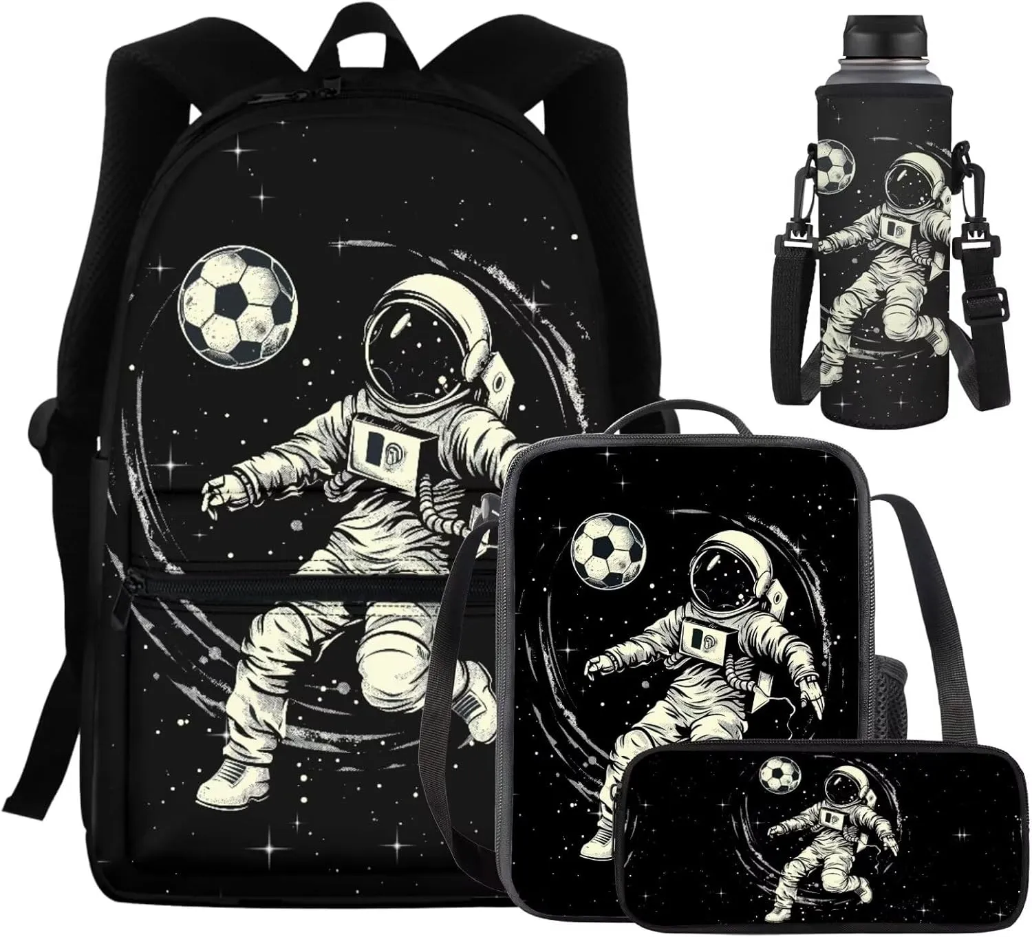 Astronaut Playing Soccer Backpack 4 in 1 Set for Teens Outer Space School Backpack Set with Lunch Bag Pencil Case Water Bottle Holder Trendy Schoolbag for Kindergarten Elementary School