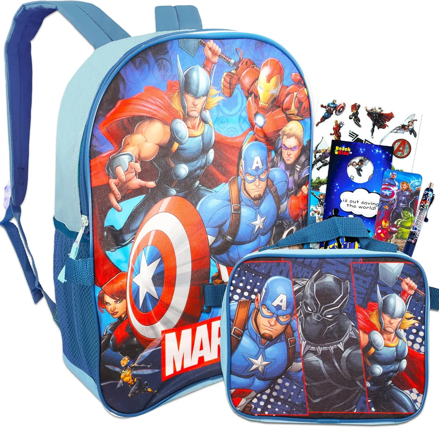 Avengers 16" Backpack and Lunch Box Set: Stickers, More | Marvel School Supplies