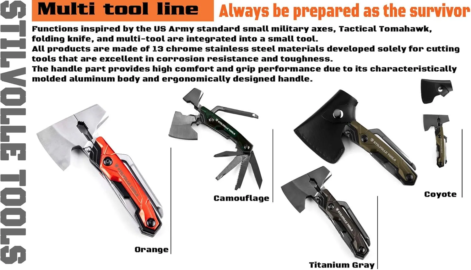 Axe 9 ax with 9-Featured Multi-Tool Hammer, Wrench, Wire Cutter, ax, Bottle Opener, Phillips Screwdriver, Flat-Blade Screwdriver, Nail File, Saw, Knife