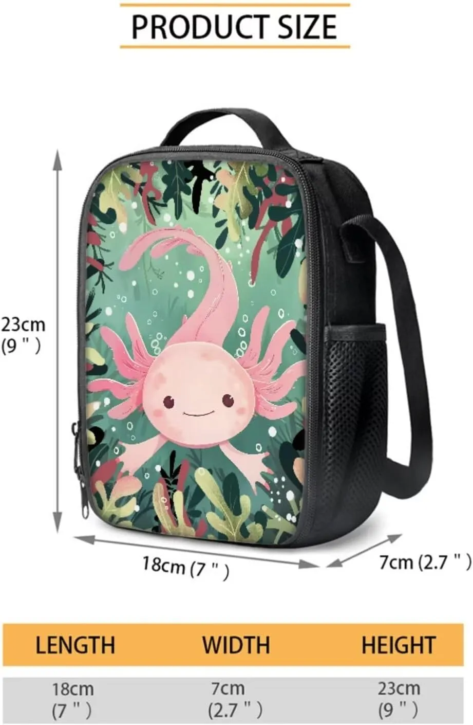 Axolotl 3 in 1 School Backpack Set Double Zipper Closure School Bag with Bottle Mesh Pockets, Insulated Lunchbox Large Storage Pencil Organier for Elementary Middle School Preschool