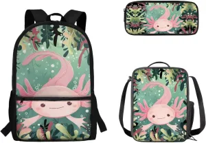 Axolotl 3 in 1 School Backpack Set Double Zipper Closure School Bag with Bottle Mesh Pockets, Insulated Lunchbox Large Storage Pencil Organier for Elementary Middle School Preschool