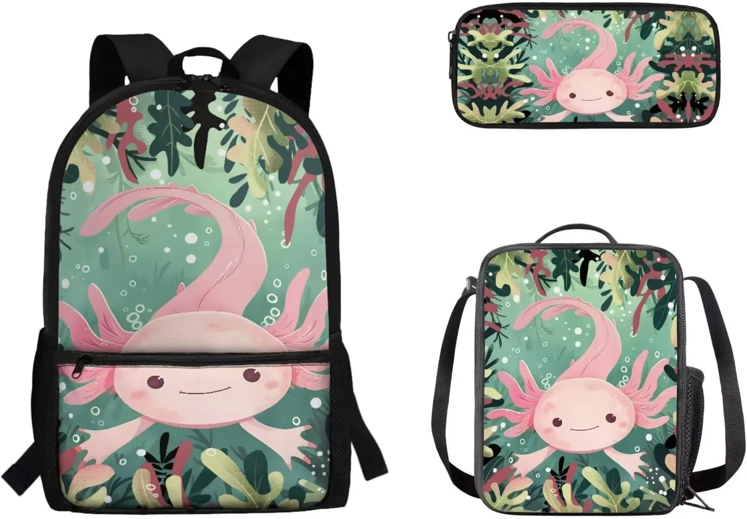 Axolotl 3 in 1 School Backpack Set Double Zipper Closure School Bag with Bottle Mesh Pockets, Insulated Lunchbox Large Storage Pencil Organier for Elementary Middle School Preschool