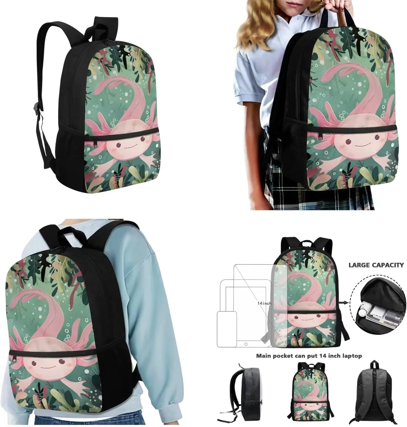 Axolotl 3 in 1 School Backpack Set Double Zipper Closure School Bag with Bottle Mesh Pockets, Insulated Lunchbox Large Storage Pencil Organier for Elementary Middle School Preschool