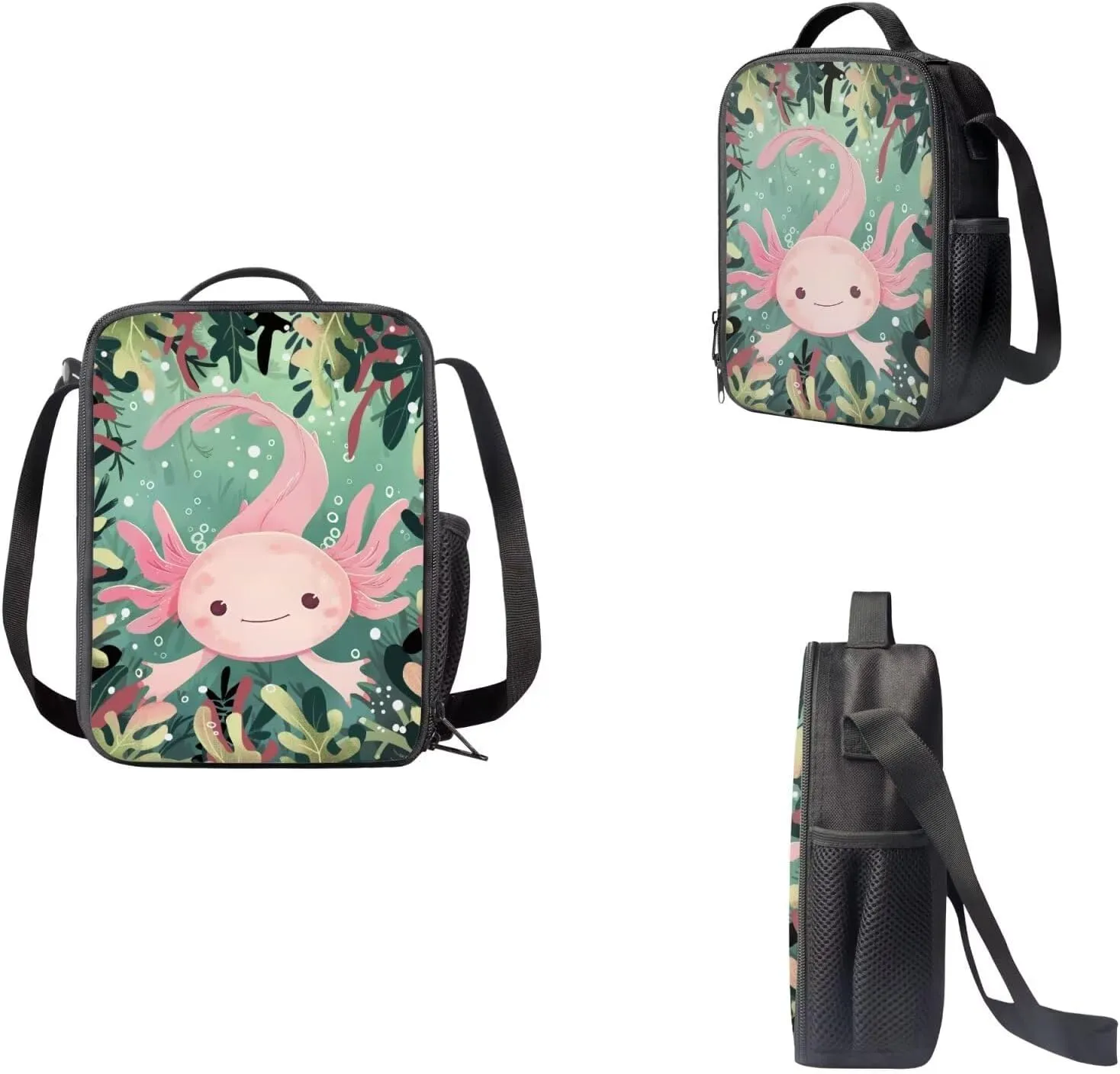 Axolotl 3 in 1 School Backpack Set Double Zipper Closure School Bag with Bottle Mesh Pockets, Insulated Lunchbox Large Storage Pencil Organier for Elementary Middle School Preschool