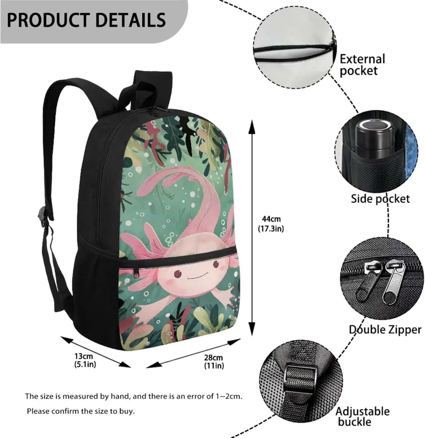 Axolotl 3 in 1 School Backpack Set Double Zipper Closure School Bag with Bottle Mesh Pockets, Insulated Lunchbox Large Storage Pencil Organier for Elementary Middle School Preschool