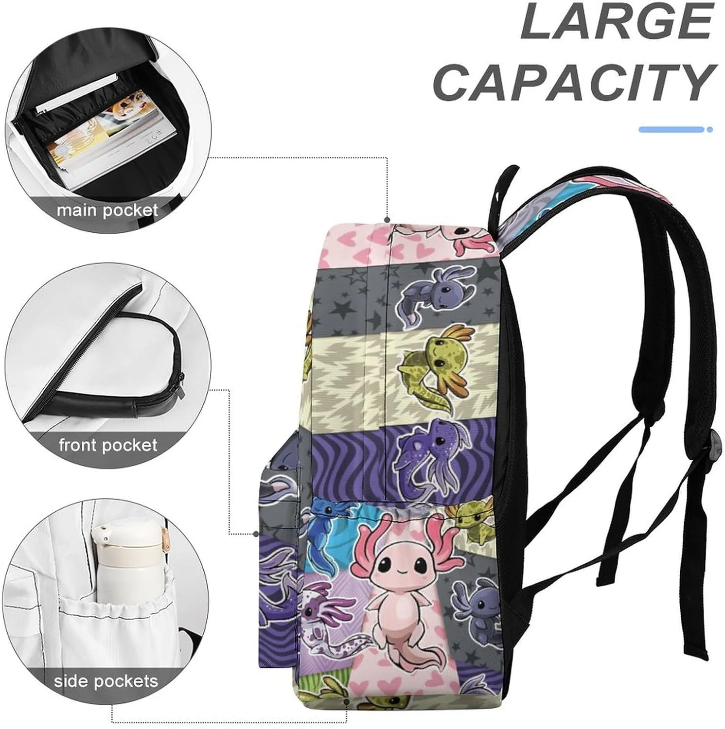 Axolotl Backpack for Boys Girls School Bag 16.5 Inch Cartoon Bookbag