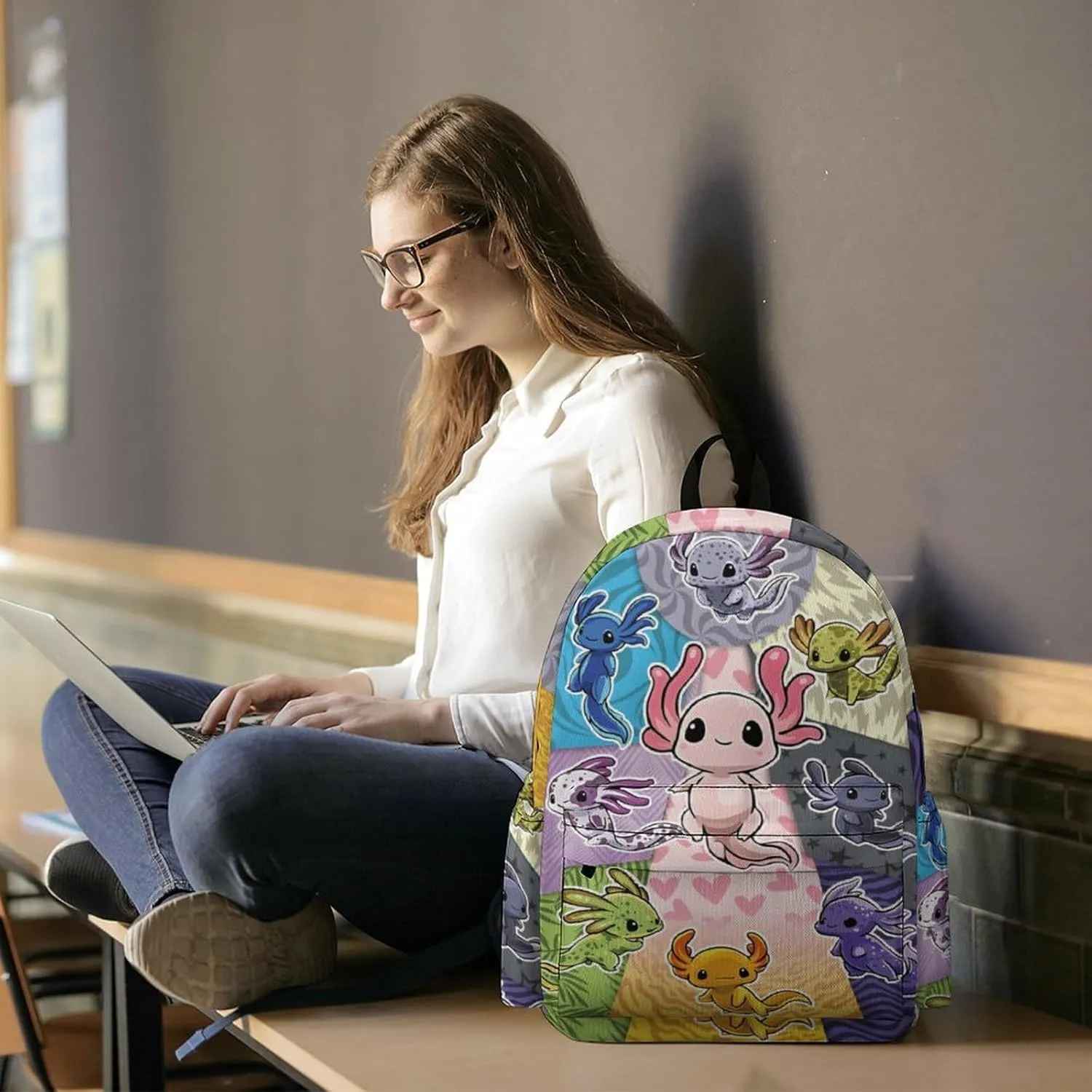 Axolotl Backpack for Boys Girls School Bag 16.5 Inch Cartoon Bookbag