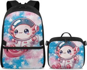 Axolotl Backpack For Girls 2 In 1 Cute School with Lunch Box Set Elementary Bag and for 6-8/10-12 Kids Book Lunchbox Children 3rd Grade Bookbag