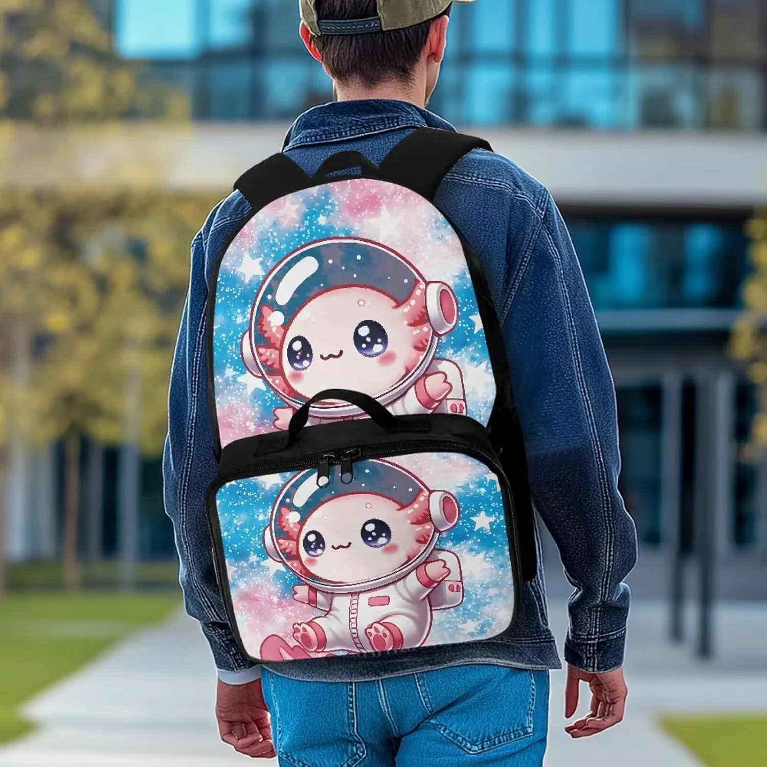 Axolotl Backpack For Girls 2 In 1 Cute School with Lunch Box Set Elementary Bag and for 6-8/10-12 Kids Book Lunchbox Children 3rd Grade Bookbag